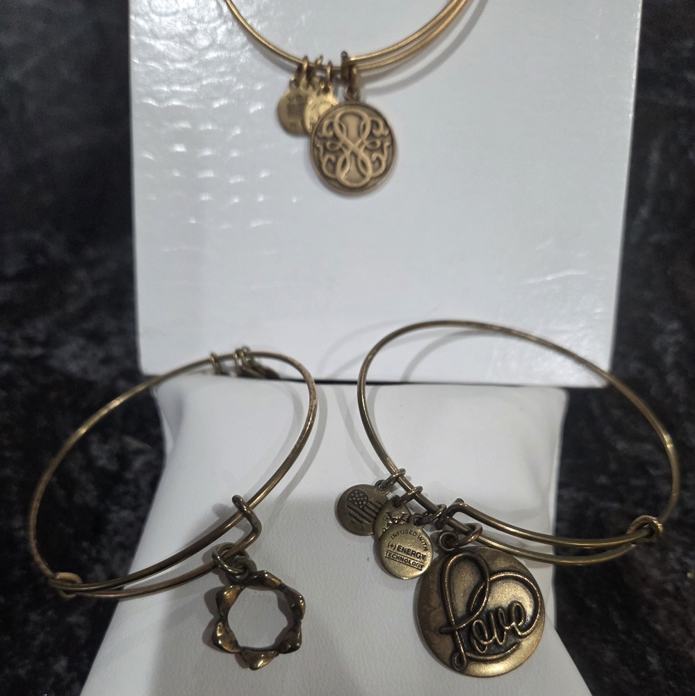 3 Alex and Ani- Gold Expandable Bracelets-  Love- Crown-‎ Path of Life